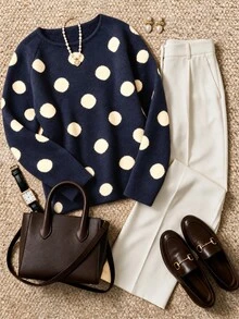 Grovea Autumn/Winter Plus Size Navy Blue White Polka Dot Round Neck Knit Sweater, Raglan Long Sleeve Simple Casual Pullover Top - Navy Blue - View 7