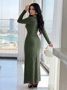 Modelyn Urban Elegant White Lace Slim Fit Dress For Women Long Evening Dresses - Dark Green - View 3