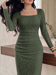 Modelyn Urban Elegant White Lace Slim Fit Dress For Women Long Evening Dresses - Dark Green - View 4