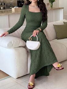 Modelyn Urban Elegant White Lace Slim Fit Dress For Women Long Evening Dresses - Dark Green - View 5