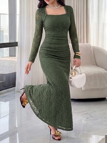 Modelyn Urban Elegant White Lace Slim Fit Dress For Women Long Evening Dresses - Dark Green - View 6