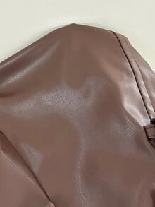 SHEIN EZwear Women's Solid Color Waist Knot PU Leather Fashion Versatile Long Sleeve Jacket - Brown - View 10