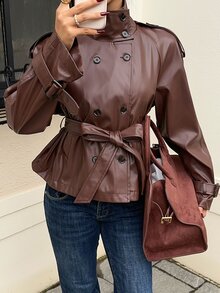 SHEIN EZwear Women's Solid Color Waist Knot PU Leather Fashion Versatile Long Sleeve Jacket - Brown - View 6
