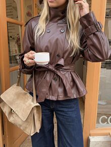 SHEIN EZwear Women's Solid Color Waist Knot PU Leather Fashion Versatile Long Sleeve Jacket - Brown - View 1