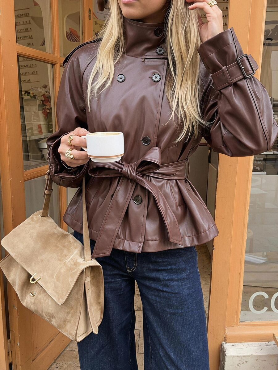 SHEIN EZwear Women's Solid Color Waist Knot PU Leather Fashion Versatile Long Sleeve Jacket - Brown - View 1