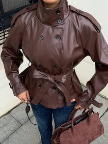 SHEIN EZwear Women's Solid Color Waist Knot PU Leather Fashion Versatile Long Sleeve Jacket - Brown - View 2