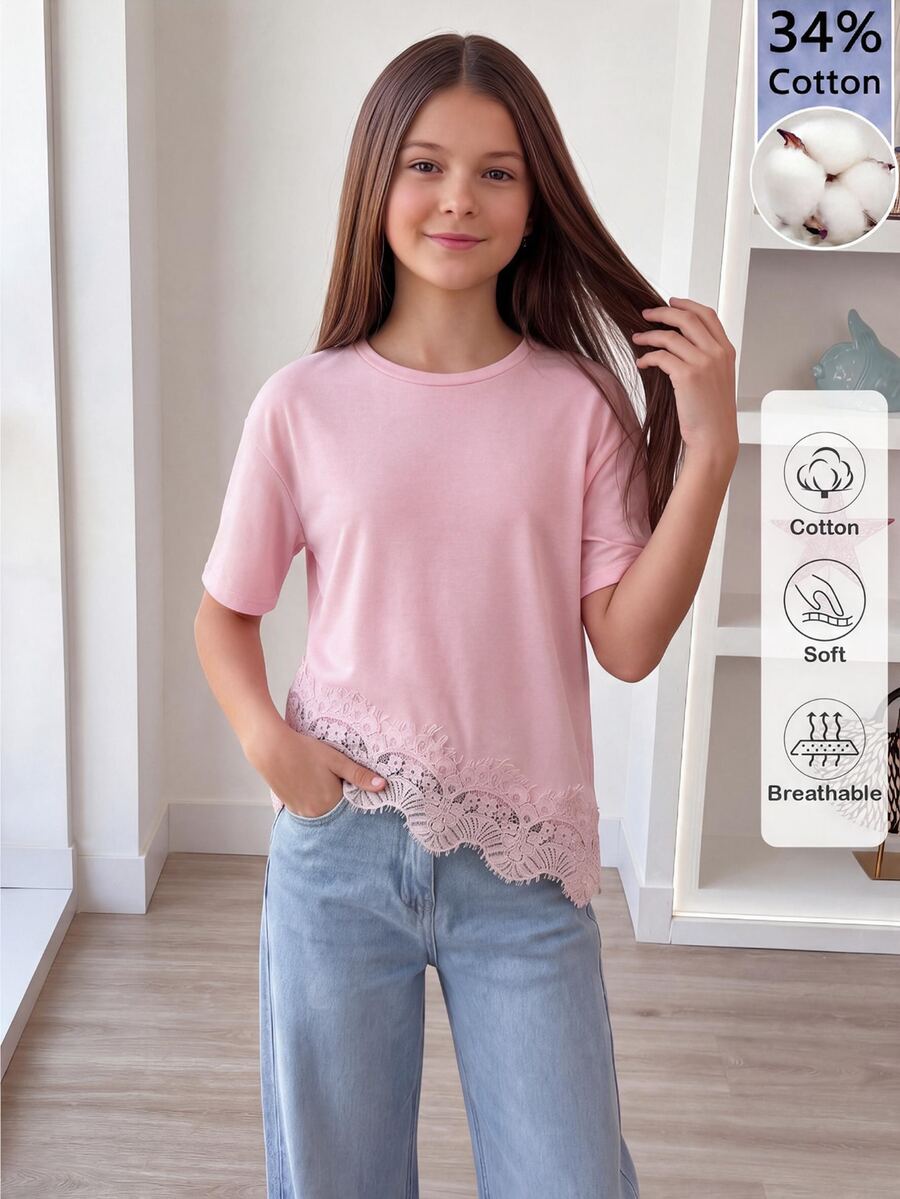 SHEIN Tween女孩 34Cotton 純色圓領落肩短袖休閒可愛寬鬆不對稱下擺T恤 夏季校園淺粉色