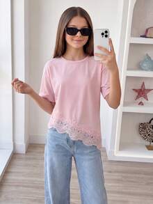 SHEIN Tween女孩 34Cotton 純色圓領落肩短袖休閒可愛寬鬆不對稱下擺T恤 夏季校園淺粉色 - 粉色 - 查看 6
