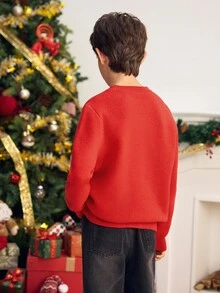 SHEIN 親子款聖誕紅色毛衣，兒童青少年男孩休閒復古針織毛衣，適合秋季、學校、家庭聚會、度假、派對，秋季穿搭、冬季穿搭，男孩兒童服飾 - 彩色 - 查看 4