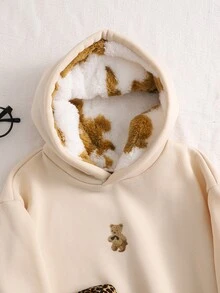 SHEIN Sparklyn 青少年女孩長袖抓絨秋季服飾休閒可愛牛仔女孩街頭豹紋毛茸茸帽子五角星圖案街頭風秋季米色校園 - 杏色 - 查看 4