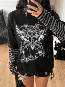 SHEIN Sparklyn Teen Girl Fall Halloween Katseye Streetwear Baggy Basic Gothic Punk Black Patchwork 2 In 1 Print Round Neck Tee Party Concert Holiday - Multicolor - View 5