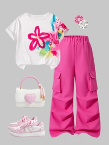 SHEIN Sparklyn 美式青少年女孩風格套裝，加州元素，充滿活力，度假休閒街頭風，可愛舒適，正式白色粉色夏季穿搭 - 粉色 - 查看 2