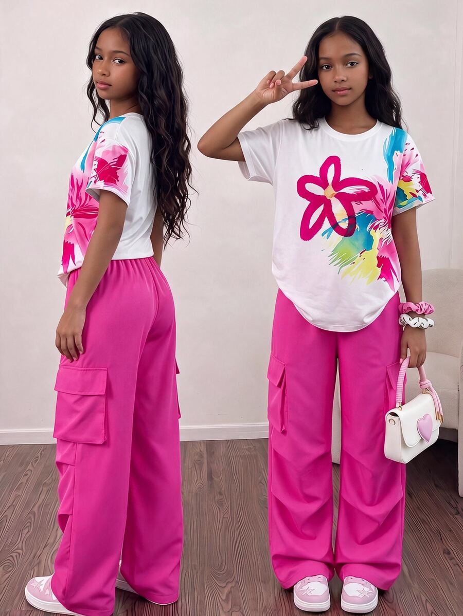 SHEIN Sparklyn 美式青少年女孩風格套裝,加州元素,充滿活力,度假休閒街頭風,可愛舒適,正式白色粉色夏季穿搭 - 粉色 - 查看 1