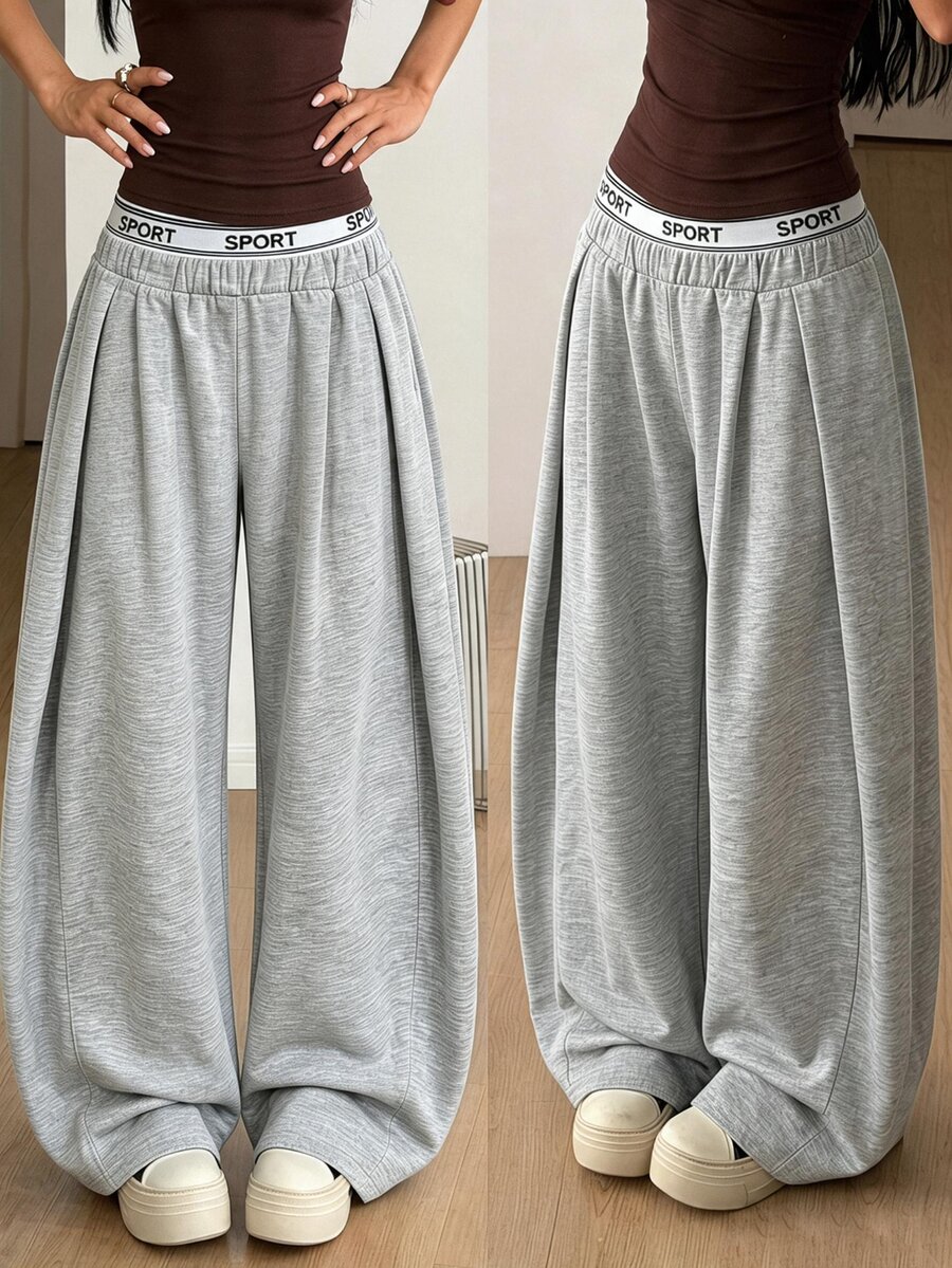 SHEIN Reset Phase 青少年女孩字母印花休閒日常穿著寬腿運動褲,運動、百搭、彈性、針織、瑜伽,秋冬款 - 灰色 - 查看 1