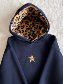 SHEIN 青少年女孩抓絨秋季服飾休閒豹紋保暖內裡針織帽，校園與運動衫，秋冬套裝，舒適長袖 - 藏蓝色 - 查看 5