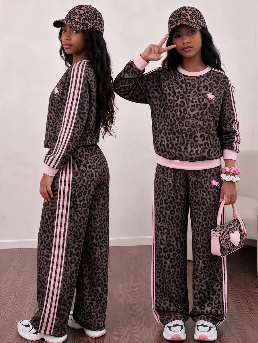 SHEIN Sparklyn Tween Girls Fleece New Fashion Leopard Print Round Neck Long Sleeve Top & Leopard Print Wide Leg Pants 2 Pieces Set, Autumn/Winter