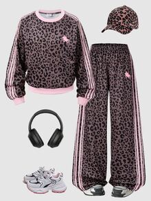 SHEIN Sparklyn Tween Girls Fleece New Fashion Leopard Print Round Neck Long Sleeve Top & Leopard Print Wide Leg Pants 2 Pieces Set, Autumn/Winter - Multicolor - View 3