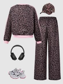 SHEIN Sparklyn Tween Girls Fleece New Fashion Leopard Print Round Neck Long Sleeve Top & Leopard Print Wide Leg Pants 2 Pieces Set, Autumn/Winter - Multicolor - View 5