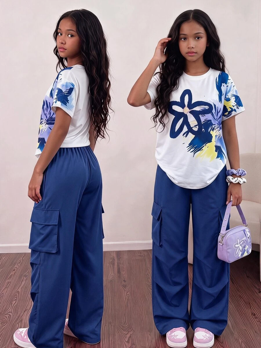 SHEIN Sparklyn Tween Girl Long Sleeve Fleece Winter Floral Print T-Shirt And Cargo Pants Set, Holiday Outfits, Casual Athletic, Family Blue And White Blue - Navy Blue - View 1