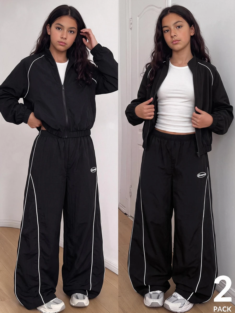 SHEIN 青少年女孩秋季套裝 2件/套 時尚休閒運動風 黑色立領夾克與長褲套裝,時尚俐落 - 黑色 - 查看 1