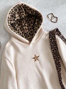 SHEIN Tween Girls Long Sleeve Fleece Fall Clothes Casual Street Leopard Faux Fur Hat, Five-Pointed Star & Leopard Print Pattern, Street Style Autumn Winter - Multicolor - View 1