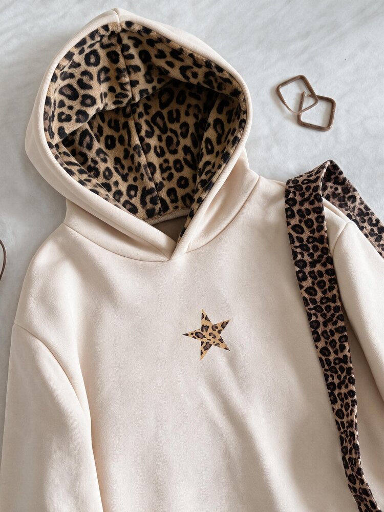 SHEIN Sparklyn Tween Girls Long Sleeve Fleece Fall Clothes Casual Street Leopard Faux Fur Hat, Five-Pointed Star & Leopard Print Pattern, Street Style Autumn Winter - Multicolor - View 1