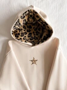 SHEIN Tween Girls Long Sleeve Fleece Fall Clothes Casual Street Leopard Faux Fur Hat, Five-Pointed Star & Leopard Print Pattern, Street Style Autumn Winter - Multicolor - View 3