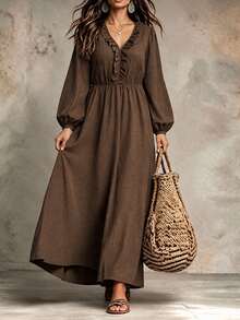 SHEIN LUNE CURVE Đầm size lớn phong cách Boho phối đồ thường ngày, cổ chữ V, bèo nhún, tay dài tay lồng đèn, eo chun, gấu xòe, cho mùa thu, du lịch và nghỉ dưỡng - màu nâu - Xem 4