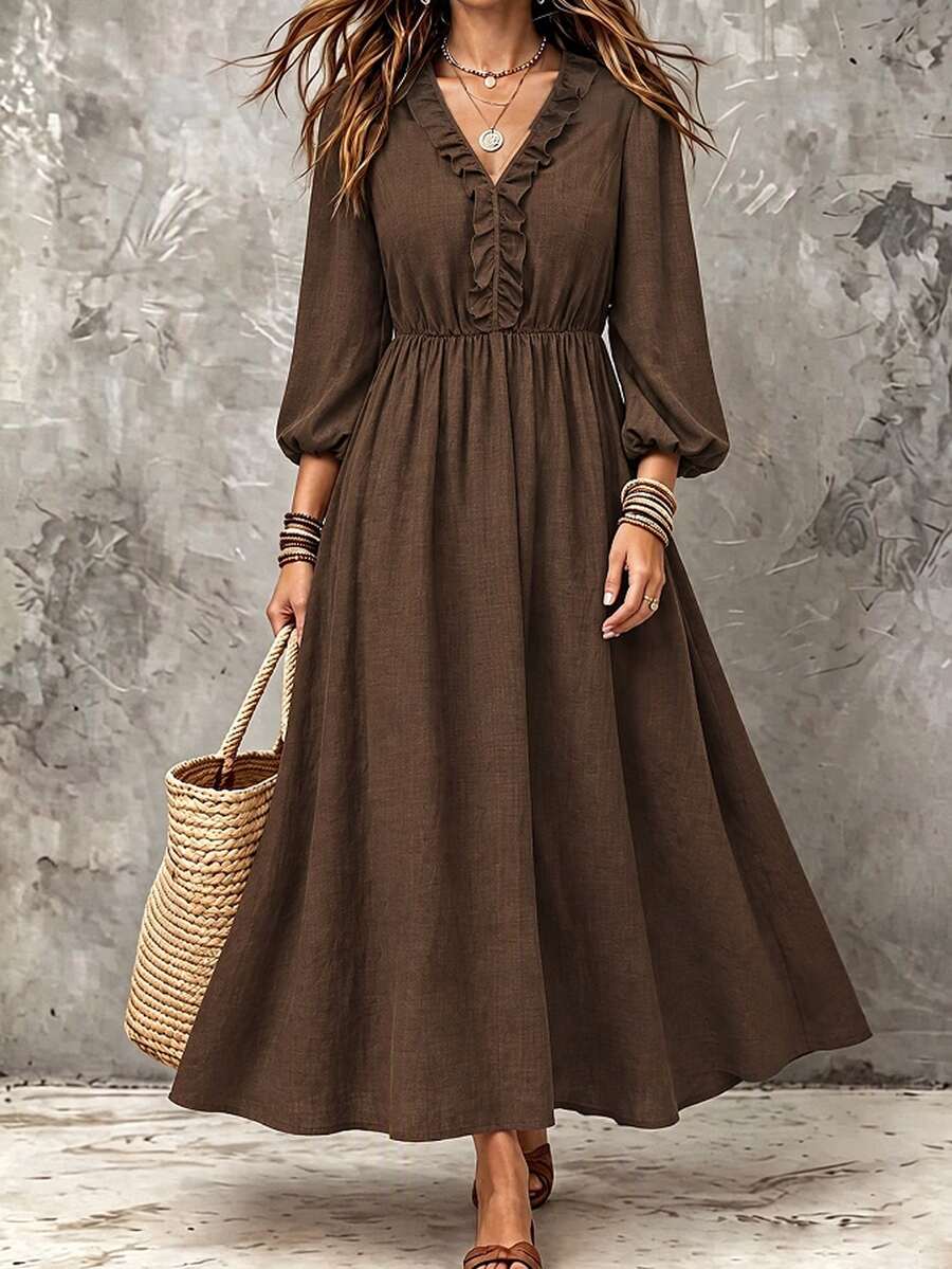 SHEIN LUNE CURVE Đầm size lớn phong cách Boho phối đồ thường ngày, cổ chữ V, bèo nhún, tay dài tay lồng đèn, eo chun, gấu xòe, cho mùa thu, du lịch và nghỉ dưỡng - màu nâu - Xem 1