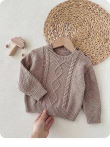 SHEIN Baby Girl Cable Knit Round Neck Long Sleeve Casual Versatile Autumn Winter Sweater - Khaki - View 1