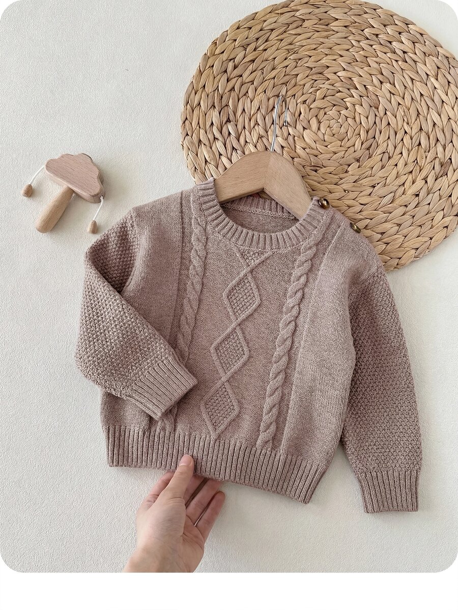 SHEIN Baby Girl Cable Knit Round Neck Long Sleeve Casual Versatile Autumn Winter Sweater - Khaki - View 1
