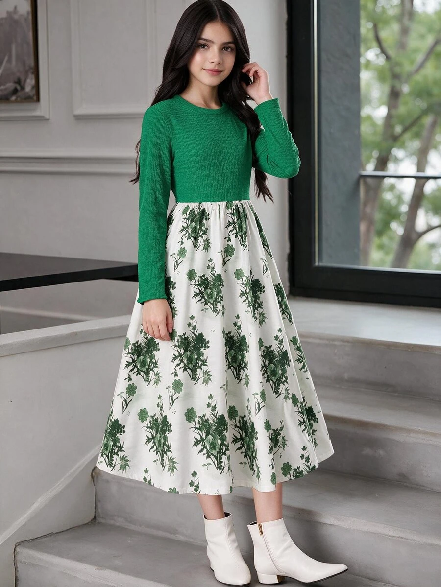 SHEIN Back To School Tween Girls White Floral Print Long Sleeve Round Neck High Waist A-Line Dress Party Family Matching Fall Elegant Cute Casual - Green - View 1