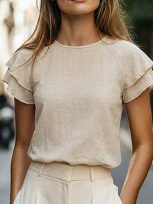 Balvessa Women's Double Layer Ruffle Raglan Sleeve Round Neck Top, Elegant Commuter Style For Spring And Summer - Khaki - View 2