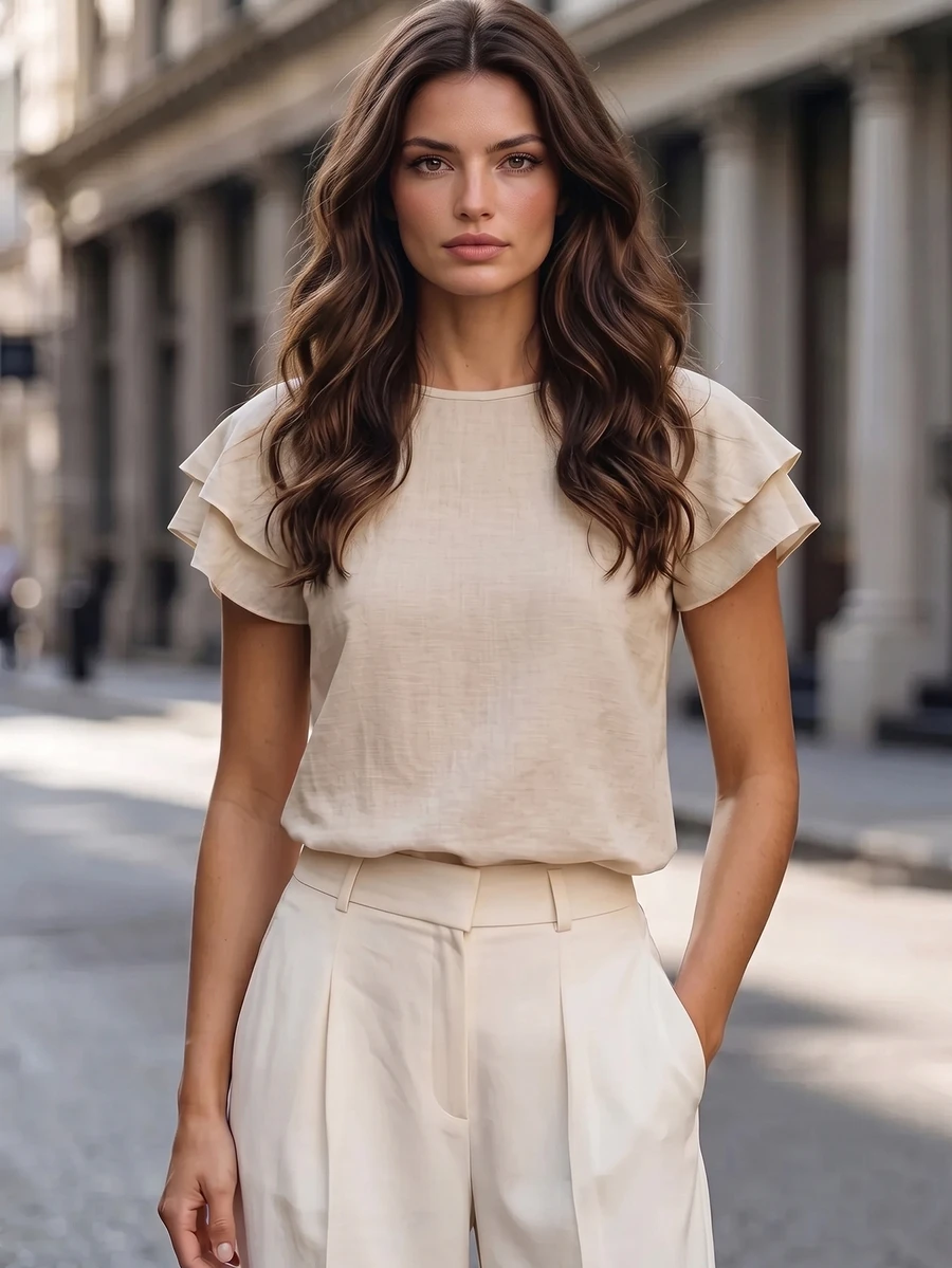 Balvessa Women's Double Layer Ruffle Raglan Sleeve Round Neck Top, Elegant Commuter Style For Spring And Summer - Khaki - View 1