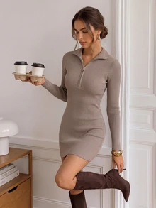 Easowa Women's Fall/Winter Dress Ribbed Minimalist Casual Zipper Half-Placket Long Sleeve Dress Everyday Travel - Khaki - View 3