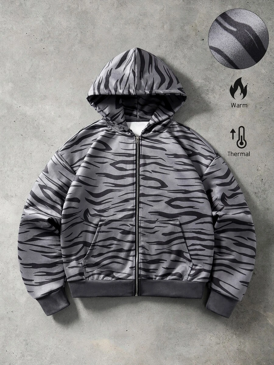 ROMWE MEN Sweatshirt Hoodie Motif Garis Zebra untuk Pria - Hitam - View 1
