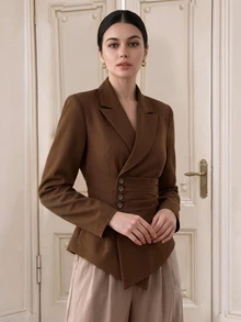 Graceveil Fall Clothes For Women Brown Sleeve Pleated Romantic Button Up Commute Office Elegant Blazer Casual Blouses Work Festival Outfit Going Club Clothes - Brown - View 7