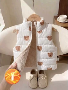 SHEIN 1件幼童女款加厚背心，可愛甜美白色棕熊印花，毛絨內裡，無袖立領，適合戶外冬季與秋季穿著的厚款馬甲 - 米色 - 查看 1