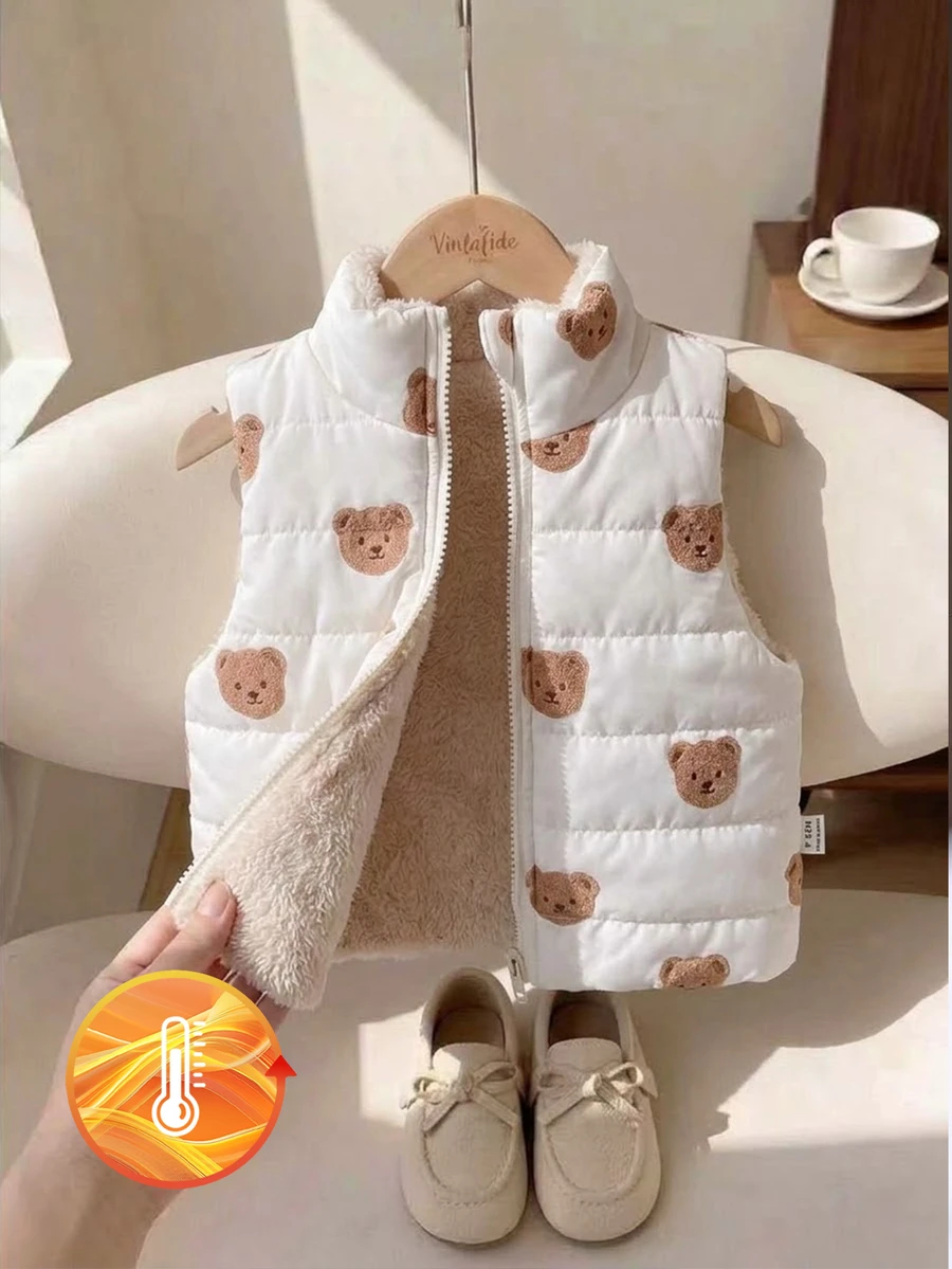 SHEIN 1件幼童女款加厚背心,可愛甜美白色棕熊印花,毛絨內裡,無袖立領,適合戶外冬季與秋季穿著的厚款馬甲 - 米色 - 查看 1