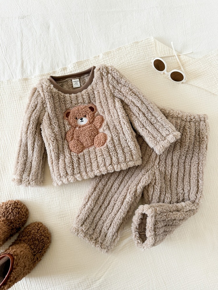 Unisex Baby Boy/Girl Toddler 2pcs Autumn/Winter Fleece Lined Thick Cute Bear Patch Embroidery Plush Loungewear Set, Pajama Set, Baby Winter Pajama, Christmas - Brown - View 5