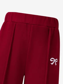 SHEIN 女童兩件式運動套裝 純紅色圓領套頭衛衣與寬腿長褲套裝，可愛蝴蝶結刺繡休閒秋季運動服 - 紅色 - 查看 5