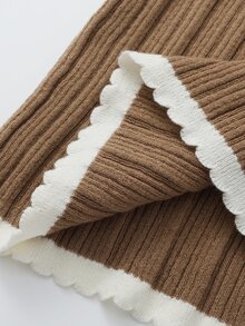 SHEIN Women's Elegant Soft Contrast Color Frayed Edge Round Neck Knit Cardigan Long Sleeve Single-Breasted Short Sweater Jacket Brown And White Fall Office - Camel - View 8