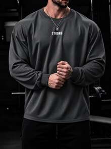 GymBeat Men's Letter Print Round Neck Long Sleeve Daily Fitness Sport T-Shirt Workout Running Tee Workout Top Gym Top Fall Breathable, Lightweight - Grey - View 5