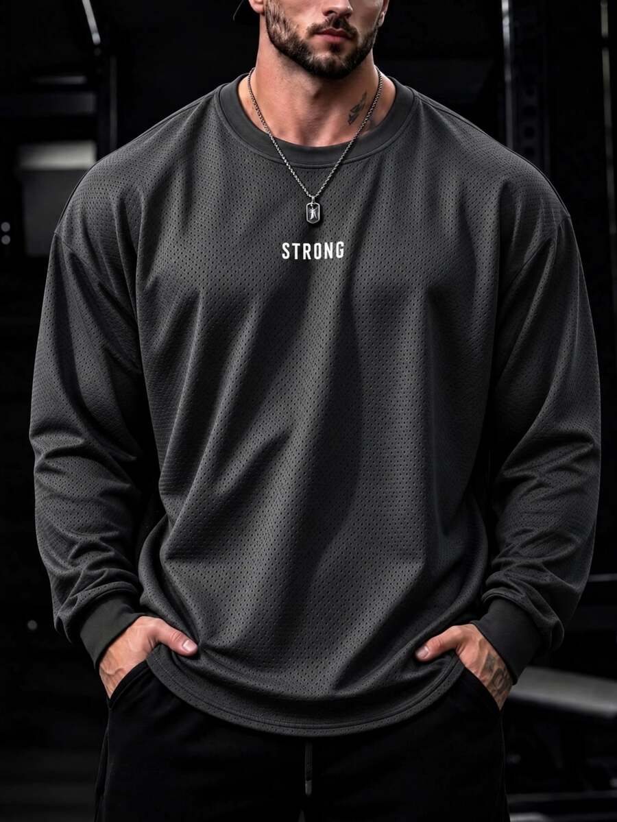 GymBeat Men's Letter Print Round Neck Long Sleeve Daily Fitness Sport T-Shirt Workout Running Tee Workout Top Gym Top Fall Breathable, Lightweight - Grey - View 1