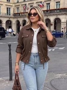 Easura Women's Utility Style Jacket, Fashion Funnel Neck, Multi-Pocket Waist Drawstring, Short Motorcycle Jacket Summer Fall - Brown - View 1