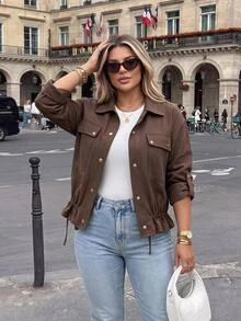 Easura Women's Utility Style Jacket, Fashion Funnel Neck, Multi-Pocket Waist Drawstring, Short Motorcycle Jacket Summer Fall - Brown - View 6