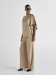 KSTM Wide Leg Satin Casual Pants With Black Contrast Piping Side Split Hem Elastic Drawstring Waist Full Length Palazzo Trousers Summer Holiday - Khaki - View 3