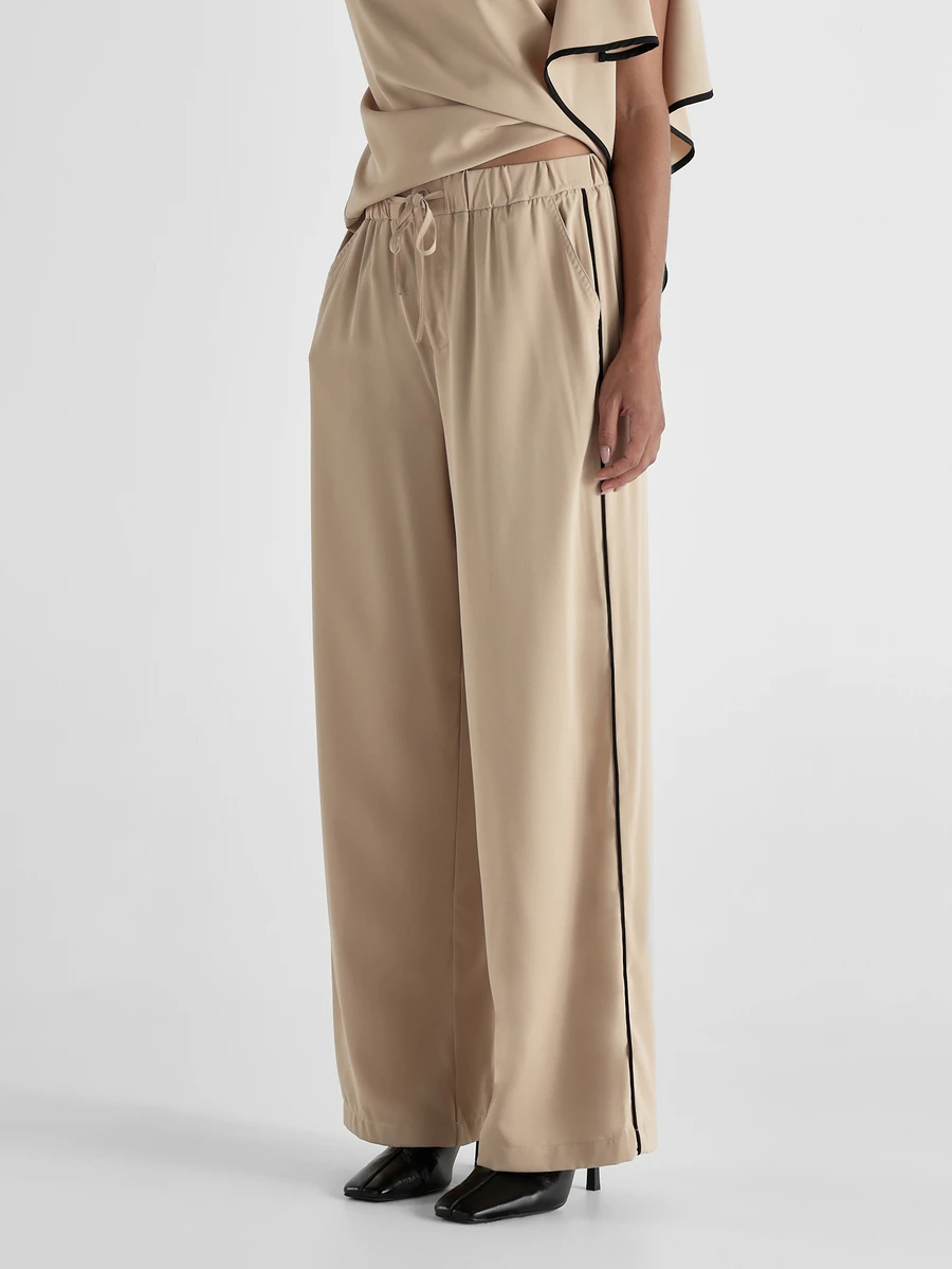KSTM Wide Leg Satin Casual Pants With Black Contrast Piping Side Split Hem Elastic Drawstring Waist Full Length Palazzo Trousers Summer Holiday - Khaki - View 1