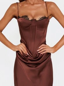 MISSGUIDED Satin Corset Dress With Sweetheart Neckline Lace Trim Boning Detail Side Drape Mermaid Hem Formal Evening Gown - Coffee Brown - View 6