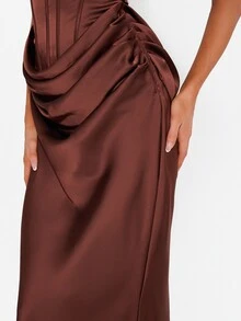 MISSGUIDED Satin Corset Dress With Sweetheart Neckline Lace Trim Boning Detail Side Drape Mermaid Hem Formal Evening Gown - Coffee Brown - View 4